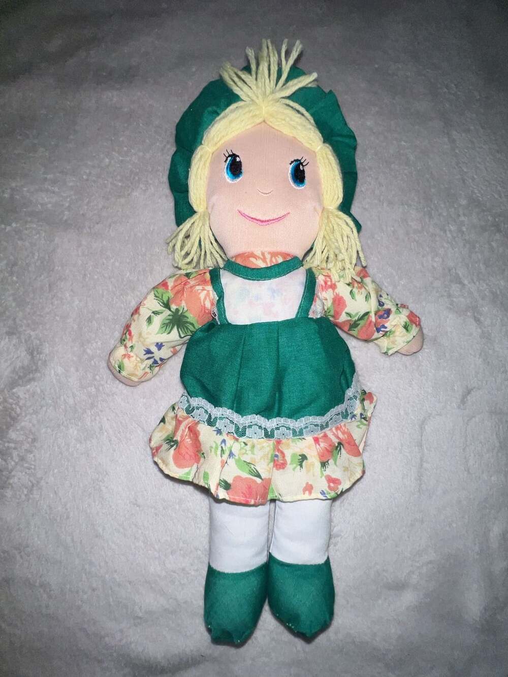 Vintage Rag Doll Plush Toy Green Dress Floral Blonde Hair